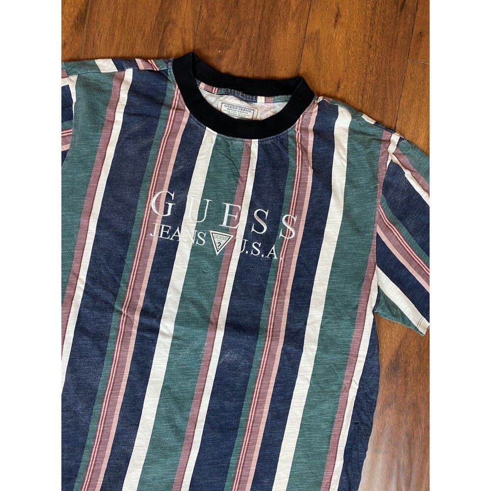 Vintage GUESS Jeans Men’s Striped Logo Crew Neck Short Sleeve T-Shirt Size L - Picture 2 of 4